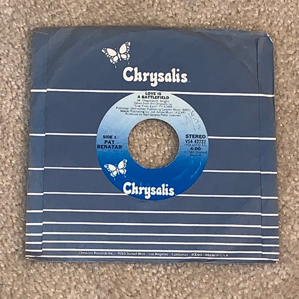 Vintage Pat Benatar 7” Vinyl Record, Love is a Battlefield, 1983